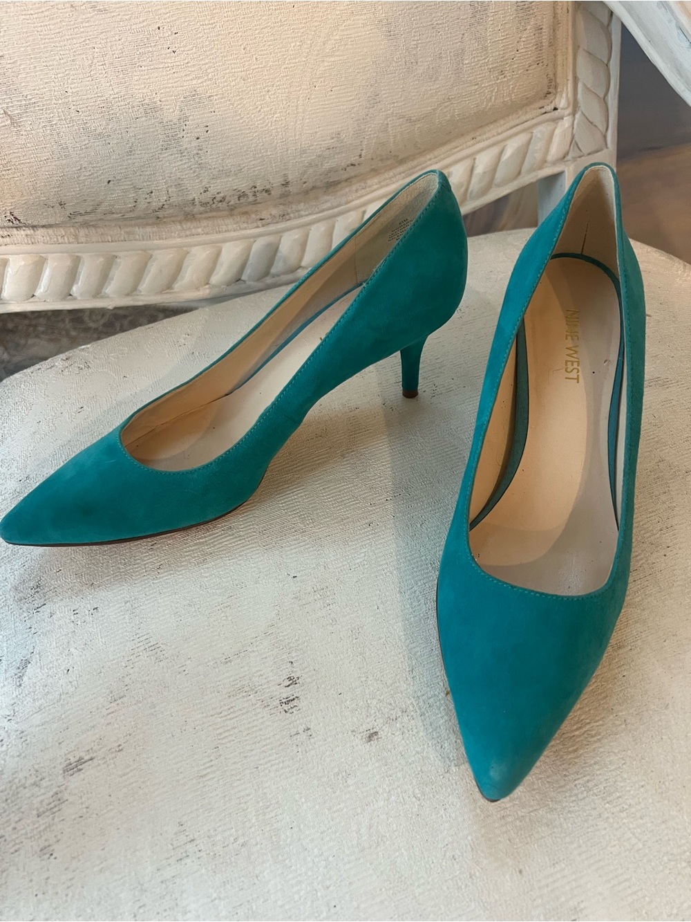 Nine West Teal Suede Pointed-Toe Kitten Heels